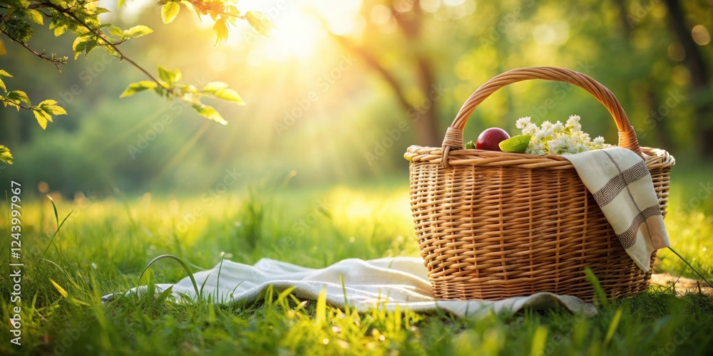 Wicker picnic basket filled with fruit and flowers on a blanket in a sunny meadow Wicker picnic basket filled with fruit and flowers on a blanket in a sunny meadow