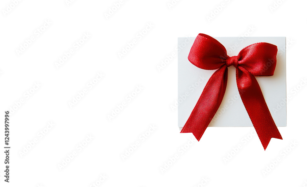 A minimalistic Christmas note with a bright red satin ribbon bow, placed gently on a pristine white background. The greeting on the card exudes warmth and love for the holiday season A minimalistic Christmas note with a bright red satin ribbon bow, placed gently on a pristine white background. The greeting on the card exudes warmth and love for the holiday season