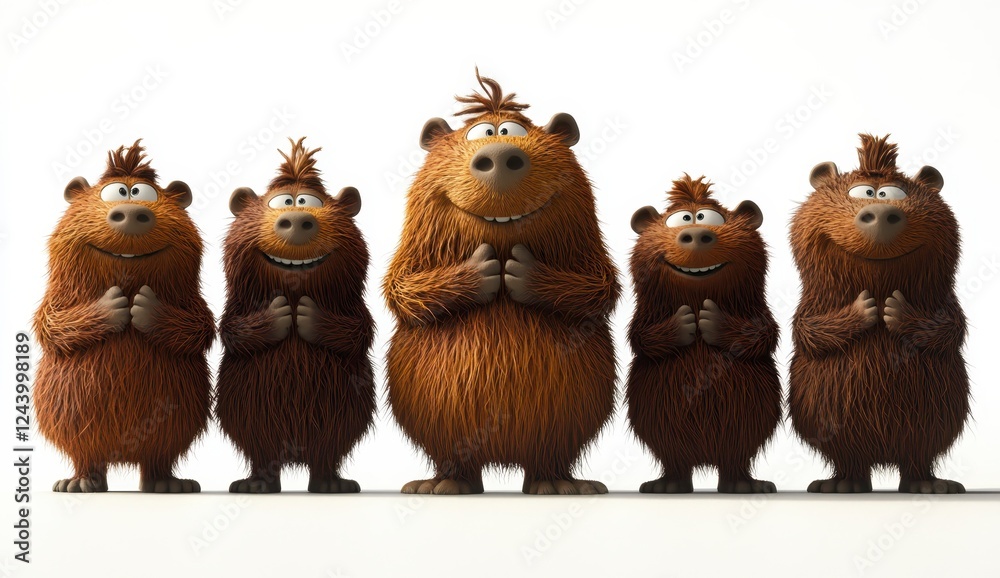 Five furry creatures with expressive faces, arranged in a row against a plain background. They appear to be clapping their paws in unison Five furry creatures with expressive faces, arranged in a row against a plain background. They appear to be clapping their paws in unison