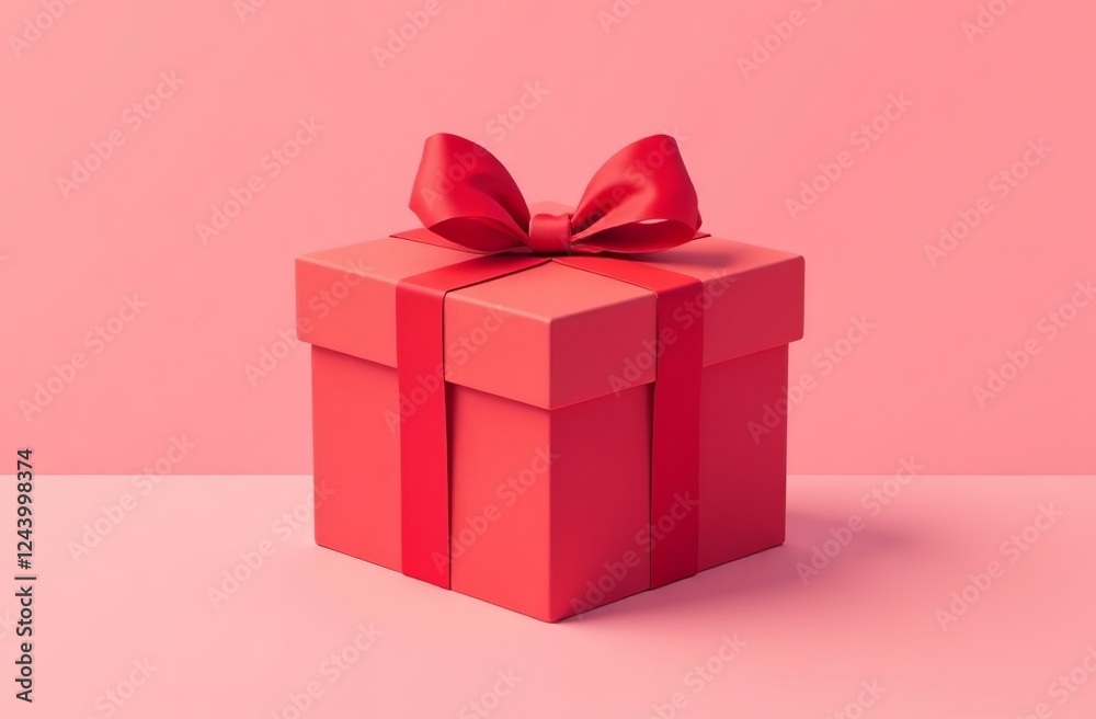 Red Gift Box with Ribbon Standing on Pink Background. AI-generated Red Gift Box with Ribbon Standing on Pink Background. AI-generated