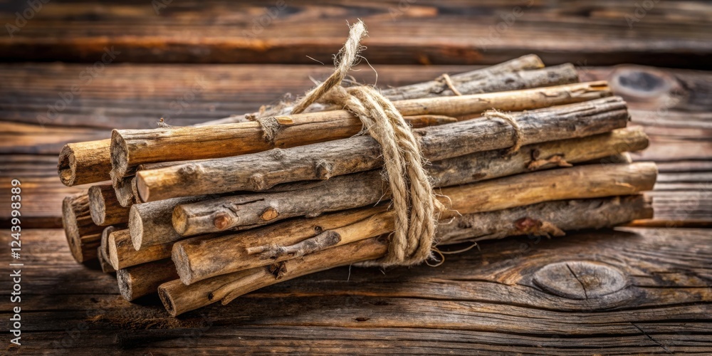 Rustic Bundle of Natural Wooden Sticks Tied with Twine on Weathered Wood Rustic Bundle of Natural Wooden Sticks Tied with Twine on Weathered Wood