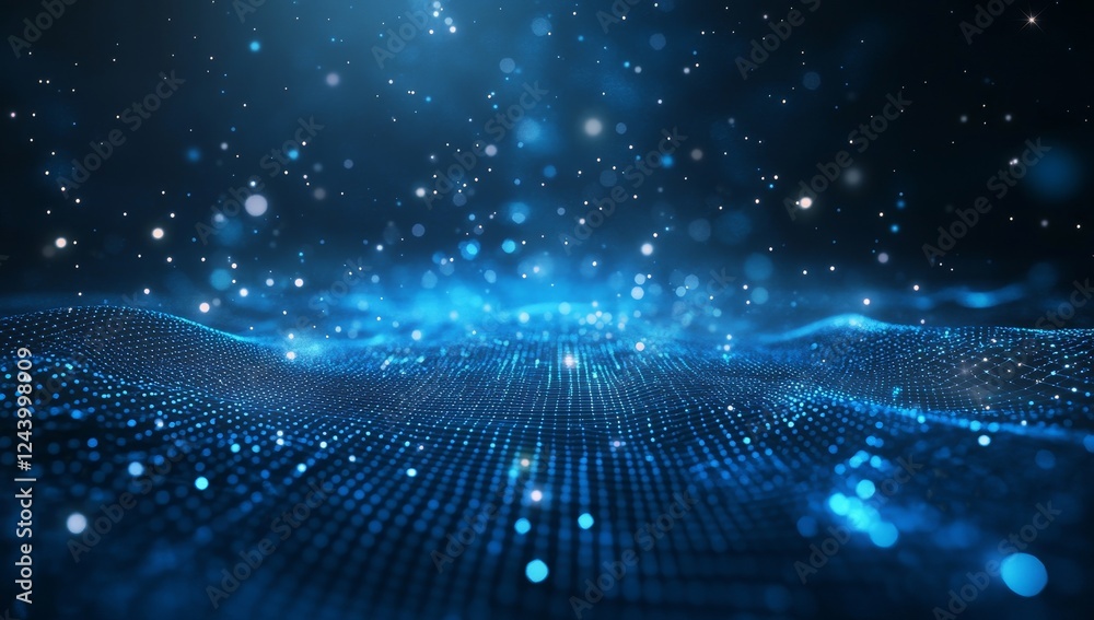 Blue digital wave particles glowing, dark background, abstract tech design Blue digital wave particles glowing, dark background, abstract tech design