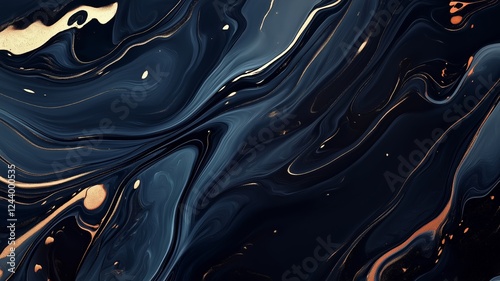 Modern abstract fluid acrylic painting with marbled blue and gold flecks design on dark background.