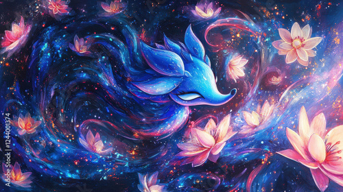 Beautiful Abstract Art Featuring a Mystical Blue Creature Amidst Swirling Cosmos and Lotus Flowers