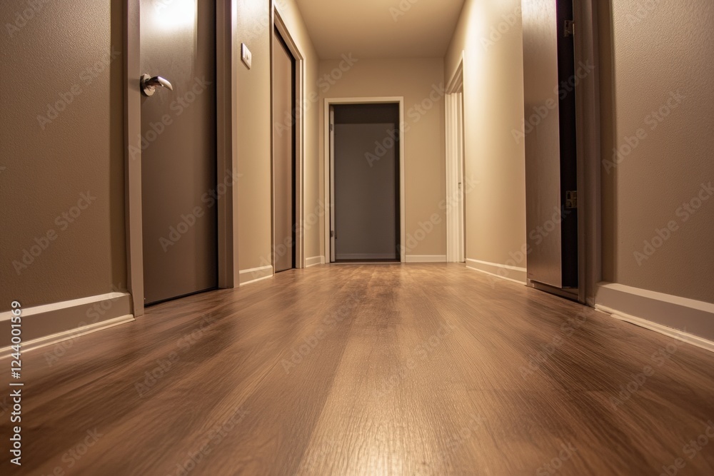Well maintained hallway with fresh floors leading to various closed doors in soft lighting. Generative AI Well maintained hallway with fresh floors leading to various closed doors in soft lighting. Generative AI