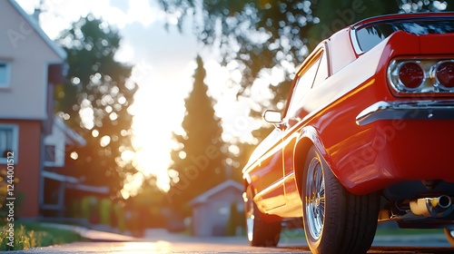 Red Classic Car at Sunset in Suburban Neighborhood