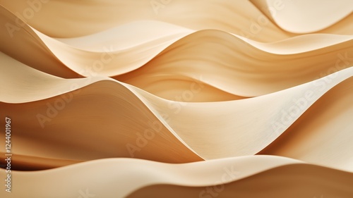 Peach tan background, abstract shapes create elegant waves and layers in a minimalist wallpaper with soft lighting in a 3d rendering.