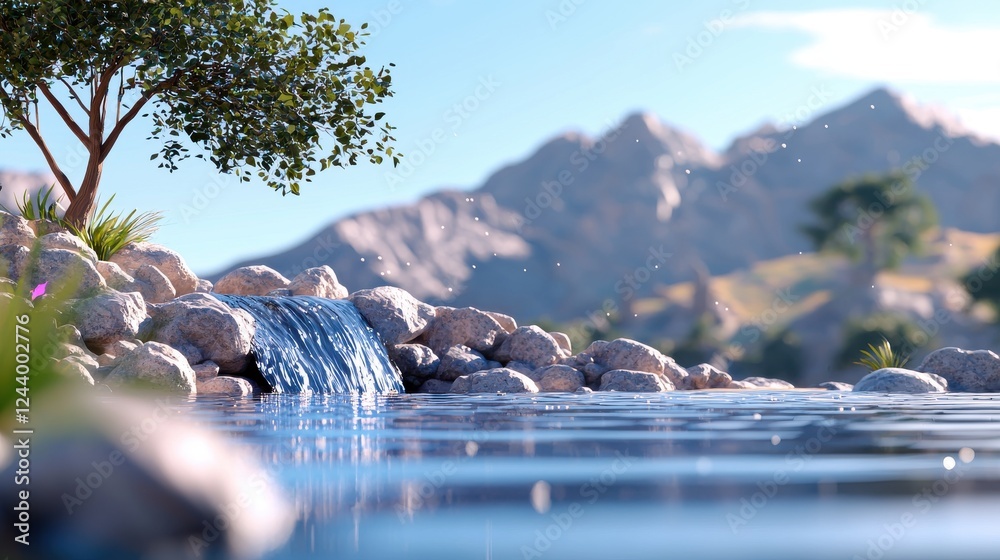 Fototapeta premium Serene Mountain Waterfall Landscape: A Digital Illustration of a Calm Waterfall Cascading Over Rocks into a Pool of Clear Water, With a Lush Green Tree and Distant Mountains Under a Bright Sunny Sky