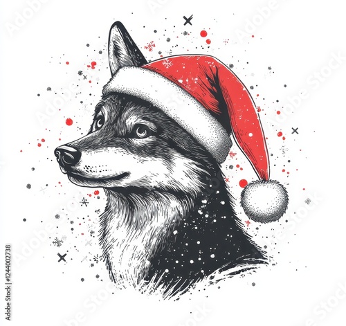 A charming illustration of a dog wearing a festive hat, surrounded by snowflakes. Monochrome sketch style, whimsical photo