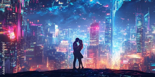 Romantic couple embracing on a hilltop at night with a futuristic neon-lit city skyline in the background