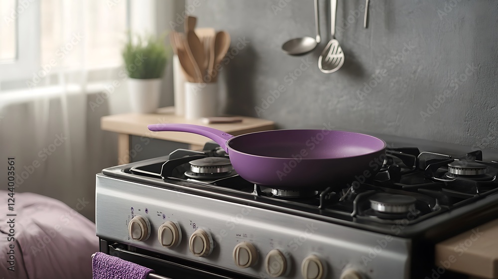 Modern gas oven with a purple frying pan on an easy bedroom setting