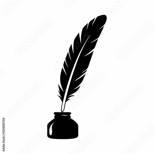 Quill and Ink Bottle Vector Silhouette.