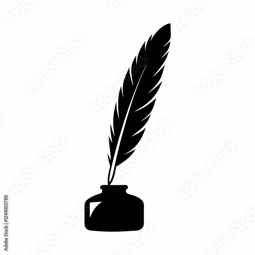 Quill and Ink Bottle Vector Silhouette.