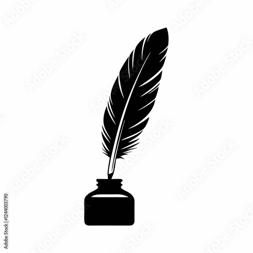 Quill and Ink Bottle Vector Silhouette.