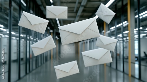 Floating White Envelopes in a Modern Office Hallway