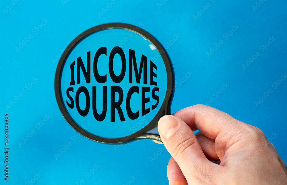 Income Sources symbol. Magnifying Glass with Concept word Income Sources. Beautiful blue background. Businessman hand. Business and Income Sources concept. Copy space Income Sources symbol. Magnifying Glass with Concept word Income Sources. Beautiful blue background. Businessman hand. Business and Income Sources concept. Copy space