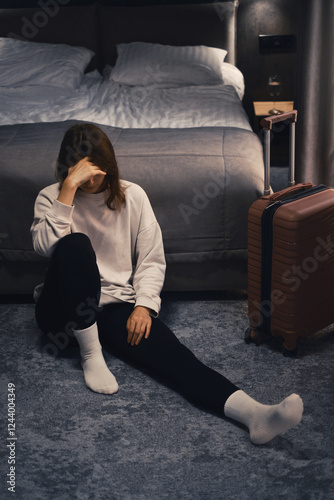 Sad woman sits on the floor, feeling overwhelmed and lonely. Female with suitcase having frustration or after abuse. Dark hotel room with curtains, grief