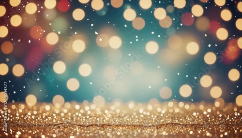 Magical Christmas-themed abstract background featuring soft bokeh lights and sparkling glitter effects, creating a warm and festive holiday scene