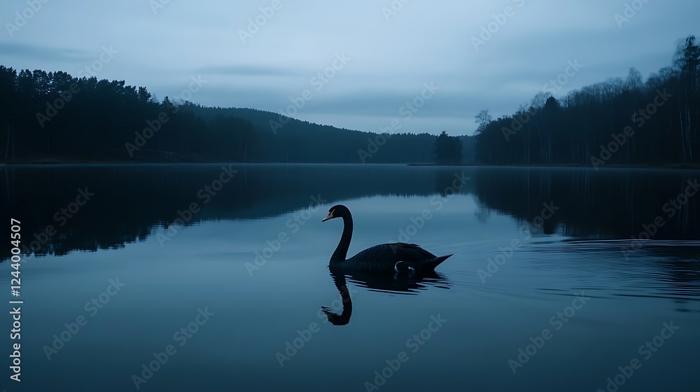 Black swan swimming serene twilight lake forest Black swan swimming serene twilight lake forest