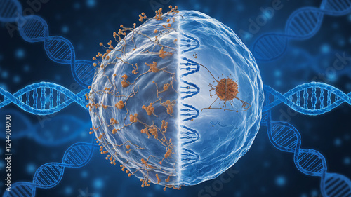 Microscopic View of a Cell Undergoing Genetic Editing with DNA Structure in the Background