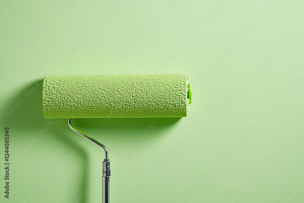Fototapeta premium Lime Green Paint Roller: A paint roller saturated with fresh lime green paint rests against a matching backdrop, ready for a fresh coat. The image exudes a sense of renewal and vibrancy. 