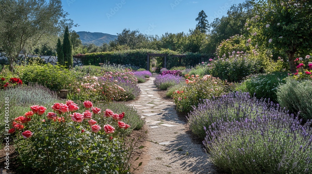 Fototapeta premium Scenic Rose Garden Path, Hillside View, Summer
