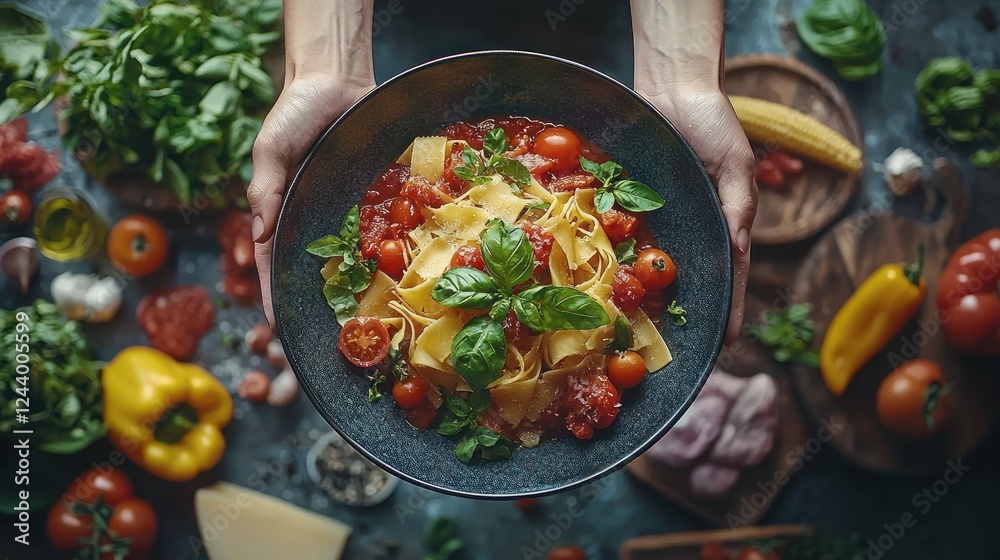 Hands holding pasta dish, with various ingredients, in a kitchen setting Hands holding pasta dish, with various ingredients, in a kitchen setting