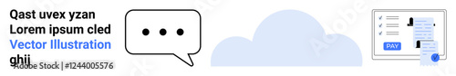 Speech bubble with ellipsis, cloud shape, and online payment interface. Ideal for digital communication, cloud computing, fintech, online services, messaging apps technology innovation. Abstract