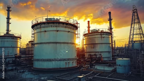 Colossal oil and chemical storage tanks inside a high-tech refinery, displayed in a breathtaking time-lapse. A symbol of industrial energy and innovation.