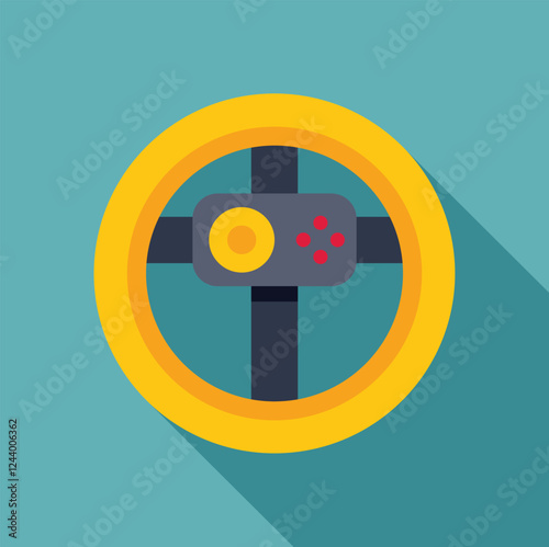 Yellow racing wheel with buttons and control pad for simulator games, flat design with long shadow