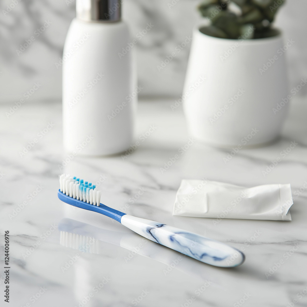 A close-up of a toothbrush and toothpaste on a countertop in a dental office, clean and minimalistic setup A close-up of a toothbrush and toothpaste on a countertop in a dental office, clean and minimalistic setup
