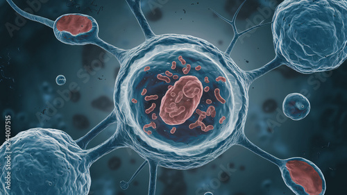 Close-up of a Cell with Nucleus and Mitochondria
