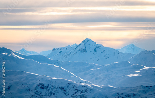 Aerial view of Skiing area of Paradiski, La Plagne, France Alpes