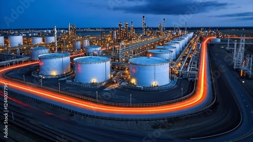 Massive oil and chemical storage tanks inside a refinery, captured in a stunning time-lapse. A powerful representation of industrial energy and technology.