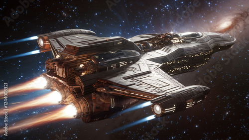Futuristic Spaceship Traveling Through Deep Space with Glowing Thrusters
