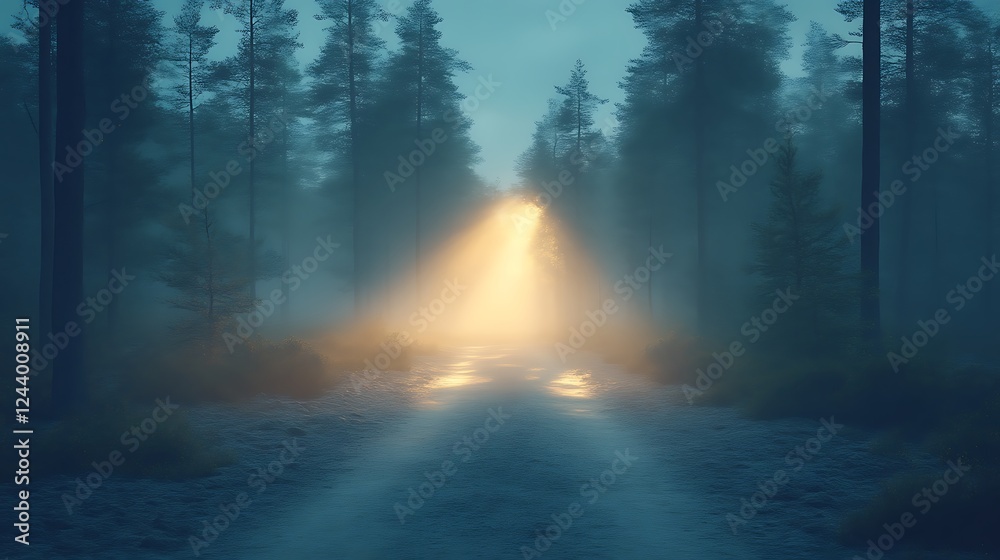 Fototapeta premium Misty Forest Path Illuminated By Golden Light