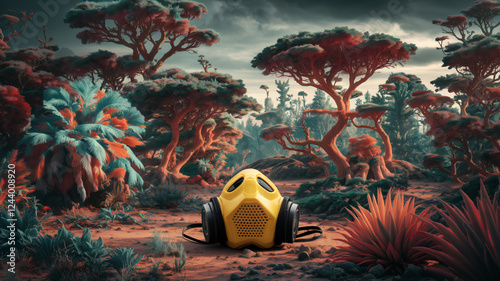 Surreal Futuristic Forest with a Gas Mask – Post-Apocalyptic Environmental Concept