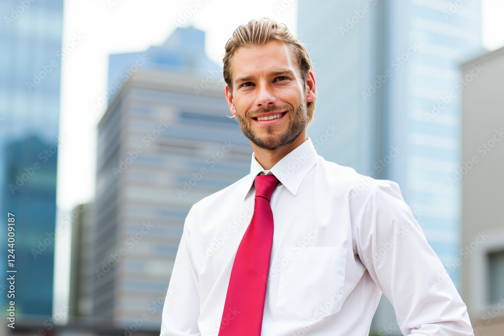Fototapeta premium Smiling businessman standing in front of modern office buildings