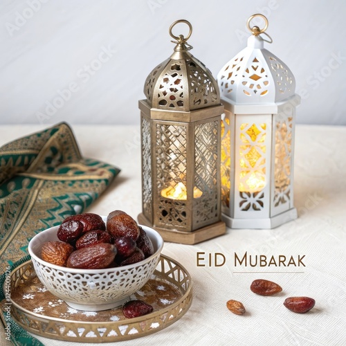 Variety of semolina maamoul cookies displayed with crescent star and Ramadan decorations