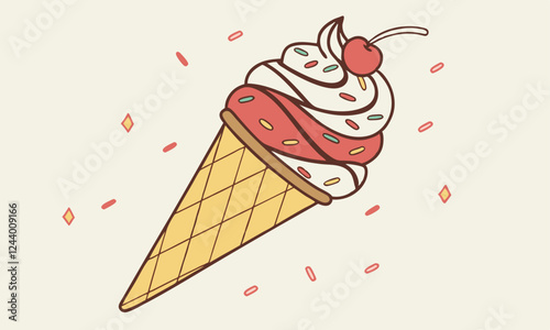 Cute Cartoon Ice Cream Cone with Sprinkles and Cherry