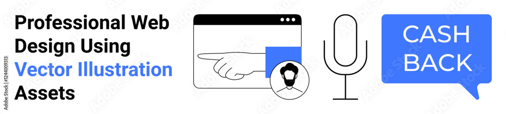 Pointer in a browser window, profile icon, microphone, cashback speech bubble. Ideal for web design, UIUX, e-commerce, content creation, promotions digital marketing flat landing page banner Pointer in a browser window, profile icon, microphone, cashback speech bubble. Ideal for web design, UIUX, e-commerce, content creation, promotions digital marketing flat landing page banner