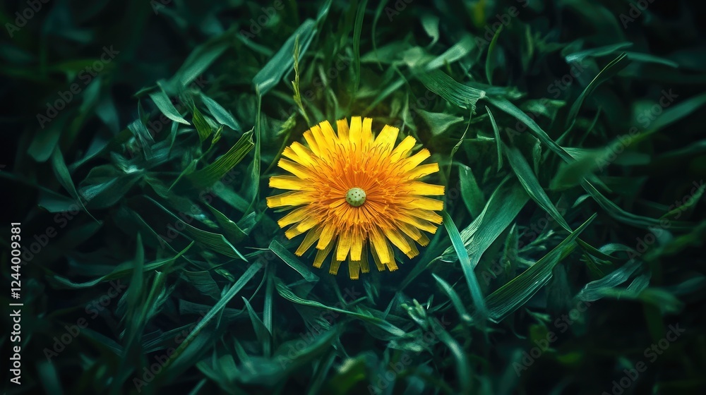 A crisp macro shot of a bright yellow dandelion surrounded by scattered green grass blades A crisp macro shot of a bright yellow dandelion surrounded by scattered green grass blades