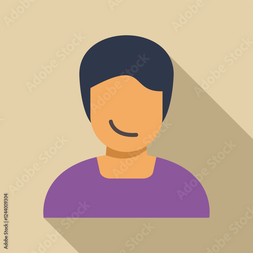 Minimalist flat design illustration of a smiling young person with short dark hair and purple shirt, conveying happiness and positivity