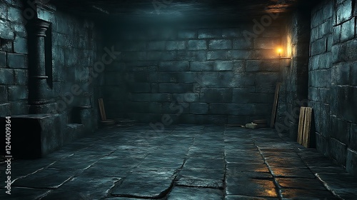 A Dark Stone Room Illuminated By A Single Candle