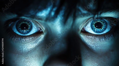 A close-up of a pair of intense blue eyes, illuminated by a mysterious light, conveying emotion and a sense of intrigue.