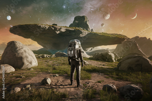 Space Explorer Standing on an Alien Planet with Floating Rocks and Multiple Moons
