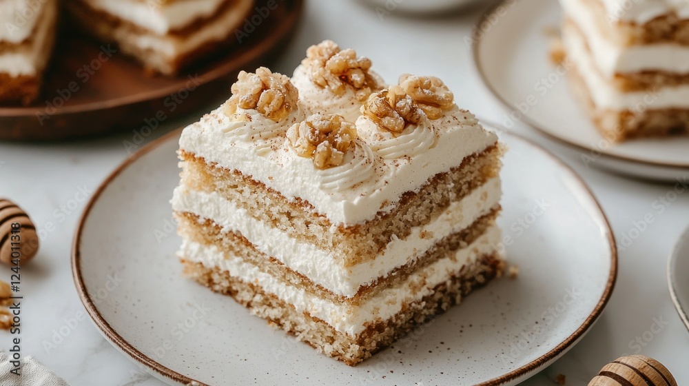 Honey-walnut cake slice on plate, light background, other slices in focus