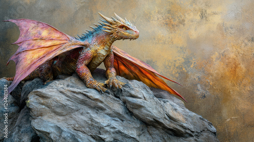 Majestic Dragon Perched on Rocky Outcrop Against Golden Backdrop During Twilight photo
