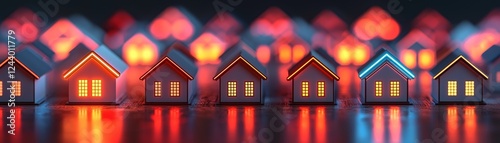A vibrant display of miniature houses illuminated against a colorful, blurred backdrop, evoking a whimsical, enchanting atmosphere.