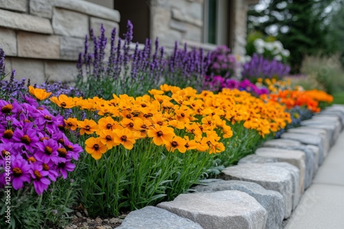 Orange bidens ferulifolia flowers growing in a flowerbed next to purple flowers and lavender with a stone wall and pathway in the background photo